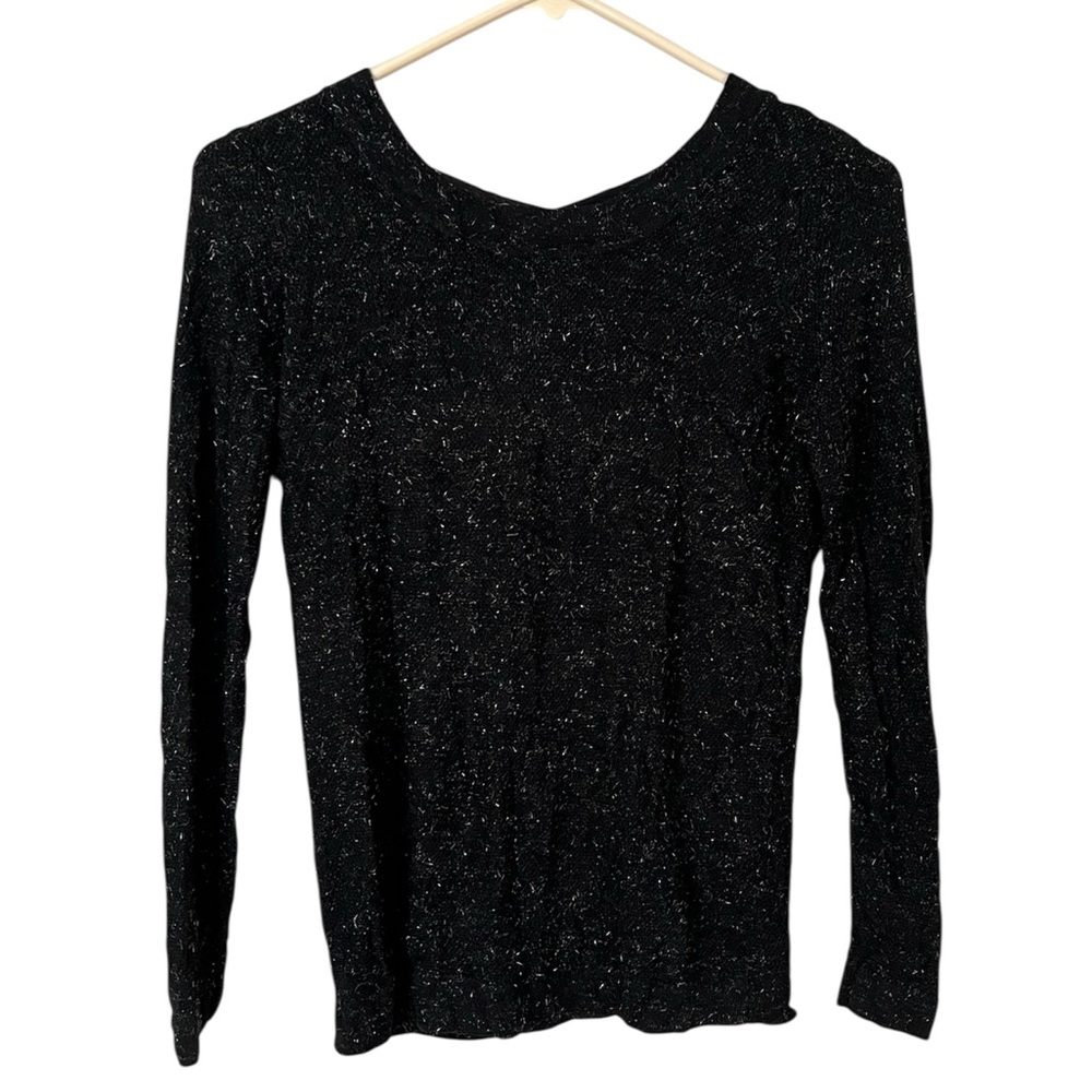 Etam Womens Knit Sweater Sz S Black Sparkle Tie Back Long Sleeve